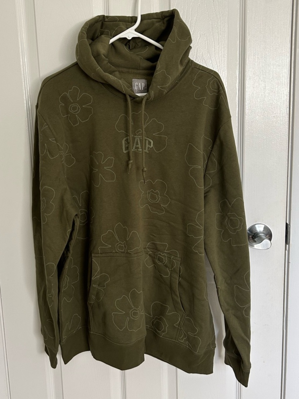 GAP Arch Logo Olive Green Floral Outline Hoodie for Men, Size X-LARGE.